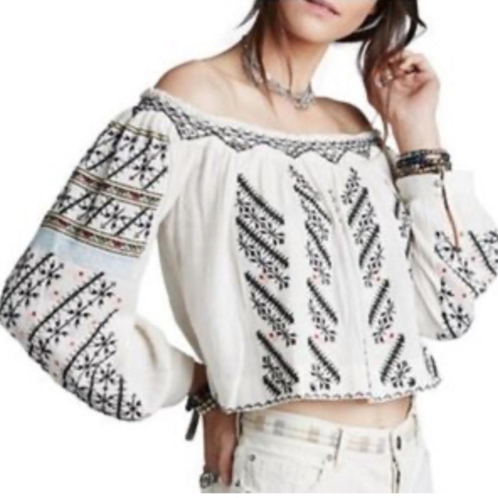 Free People Ivory Peasant Top Black Embroidered NEW